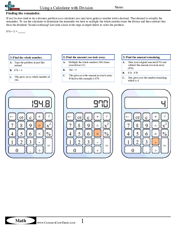 Using a Calculator With Division (finding remainder) worksheet